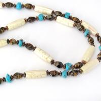 Tiger's Eye Turtle Necklace with Turquoise & Carved Bone - Multi Stone Beaded Statement Necklace