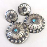 Large Native American Turquoise & Sterling Silver Concho Earrings - Tim Yazzie Southwestern Jewelry