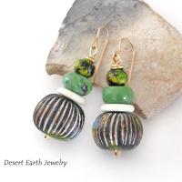 Carved African Clay Earrings with Green Serpentine Gemstones - Earthy Boho Style Handmade Jewelry