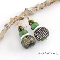 Carved African Clay Earrings with Green Serpentine Gemstones - Earthy Boho Style Handmade Jewelry