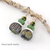 Carved African Clay Earrings with Green Serpentine Gemstones - Earthy Boho Style Handmade Jewelry