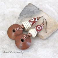 Etched Tibetan Agate Stone Earrings with Copper Wire Wrapped Brown Wood Dangles