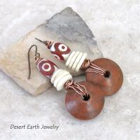 Etched Tibetan Agate Stone Earrings with Copper Wire Wrapped Brown Wood Dangles