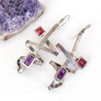 Abstract Sterling Silver Earrings with Purple & Ruby Colored Glass Cabochons - Vintage Avant Garde Jewelry