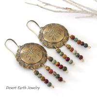 Brass Concho Earrings with Jasper Stone Fringe Dangles - Earthy Boho Tribal Southwestern Style Jewelry