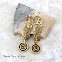 Textured Gold Brass Rectangle Dangle Earrings with African Beads - Earthy Boho Hippie Bohemian Jewelry