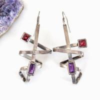 Abstract Sterling Silver Earrings with Purple & Ruby Colored Glass Cabochons - Vintage Avant Garde Jewelry