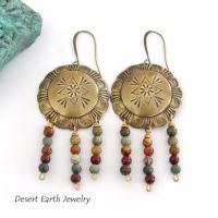 Brass Concho Earrings with Jasper Stone Fringe Dangles - Earthy Boho Tribal Southwestern Style Jewelry