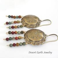 Brass Concho Earrings with Jasper Stone Fringe Dangles - Earthy Boho Tribal Southwestern Style Jewelry