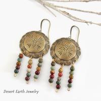 Brass Concho Earrings with Jasper Stone Fringe Dangles - Earthy Boho Tribal Southwestern Style Jewelry