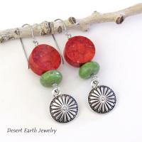 Silver Concho Dangle Earrings with Red Coral & Green Serpentine Stones - Colorful Boho Southwestern Jewelry