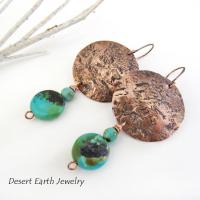 Hammered Copper Earrings with Natural Turquoise Stone Dangles - Artisan Handmade Rustic Earthy Jewelry