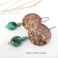 Hammered Copper Earrings with Natural Turquoise Stone Dangles - Artisan Handmade Rustic Earthy Jewelry