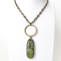 Brass Circle Pendant Necklace with Dangling Green Jasper Stone - Natural Earthy Jewelry