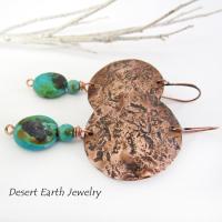 Hammered Copper Earrings with Natural Turquoise Stone Dangles - Artisan Handmade Rustic Earthy Jewelry