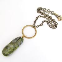 Brass Circle Pendant Necklace with Dangling Green Jasper Stone - Natural Earthy Jewelry