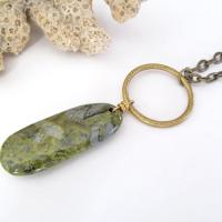 Brass Circle Pendant Necklace with Dangling Green Jasper Stone - Natural Earthy Jewelry