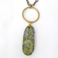 Brass Circle Pendant Necklace with Dangling Green Jasper Stone - Natural Earthy Jewelry