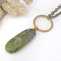 Brass Circle Pendant Necklace with Dangling Green Jasper Stone - Natural Earthy Jewelry