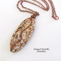 Rusty Brown Agate Stone Necklace with Copper Chain - Earthy Rustic Wire Wrapped Natural Stone Jewelry for Men / Women