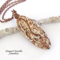 Rusty Brown Agate Stone Necklace with Copper Chain - Earthy Rustic Wire Wrapped Natural Stone Jewelry for Men / Women