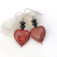 Brecciated Red Jasper Heart Earrings with Black Onyx  Gemstones