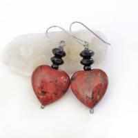 Brecciated Red Jasper Heart Earrings with Black Onyx  Gemstones