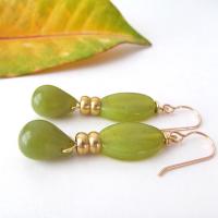 Green Olive Jade Drop Earrings - Modern Gemstone Jewelry