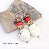 Boho Beaded Dangle Earrings with Red Coral, Magnesite Stones & Buri Nut Beads 