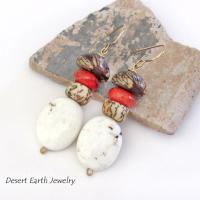 Boho Beaded Dangle Earrings with Red Coral, Magnesite Stones & Buri Nut Beads 