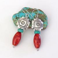 Southwest Silver Tribal Cross Earrings with Turquoise & Red Coral - Native Style Southwestern Jewelry