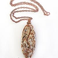 Rusty Brown Agate Stone Necklace with Copper Chain - Earthy Rustic Wire Wrapped Natural Stone Jewelry for Men / Women