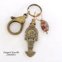 Tribal Goddess Antiqued Brass Key Chain with African Agate Bead Dangle - Purse / Backpack / Bag Charm