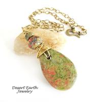 Pink Green Unakite Stone Necklace - Earthy Natural Wire Wrapped Stone Jewelry