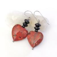 Brecciated Red Jasper Heart Earrings with Black Onyx  Gemstones