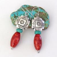 Southwest Silver Tribal Cross Earrings with Turquoise & Red Coral - Native Style Southwestern Jewelry