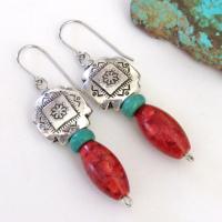 Southwest Silver Tribal Cross Earrings with Turquoise & Red Coral - Native Style Southwestern Jewelry