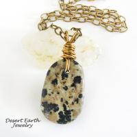 Dalmatian Jasper Stone Pendant with Brass Chain Necklace - Earthy Natural Wire Wrapped Stone Jewelry