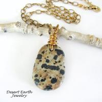 Dalmatian Jasper Stone Pendant with Brass Chain Necklace - Earthy Natural Wire Wrapped Stone Jewelry