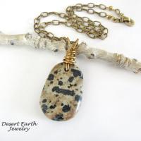 Dalmatian Jasper Stone Pendant with Brass Chain Necklace - Earthy Natural Wire Wrapped Stone Jewelry