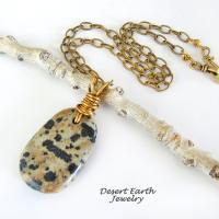 Dalmatian Jasper Stone Pendant with Brass Chain Necklace - Earthy Natural Wire Wrapped Stone Jewelry