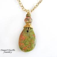 Pink Green Unakite Stone Necklace - Earthy Natural Wire Wrapped Stone Jewelry