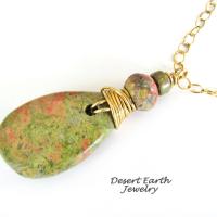 Pink Green Unakite Stone Necklace - Earthy Natural Wire Wrapped Stone Jewelry