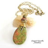 Pink Green Unakite Stone Necklace - Earthy Natural Wire Wrapped Stone Jewelry