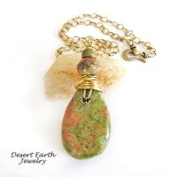 Pink Green Unakite Stone Necklace - Earthy Natural Wire Wrapped Stone Jewelry