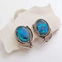 Blue Paua Shell Sterling Silver Clip On Earrings - Vintage Southwestern Jewelry