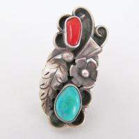 Big Bold Turquoise Sterling Silver Ring with Red Coral - Size 7-3/4" - Vintage Southwestern Jewelry