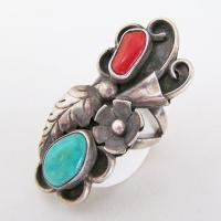 Big Bold Turquoise Sterling Silver Ring with Red Coral - Size 7-3/4" - Vintage Southwestern Jewelry