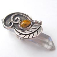 Big Bold Sterling Silver Ring with Brown Tiger;s Eye Stone & Leaf Accents - Unique Avant Garde Vintage Jewelry