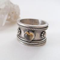 Sterling Silver Band Ring with Heart Shaped Smoky Quartz Gemstone - Unique Vintage Rings for Women 